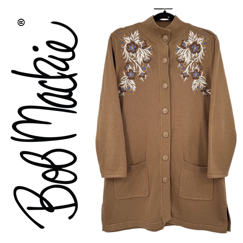 Bob Mackie Floral Embroidered Button Front Duster Cardigan M Brown Artsy Pockets